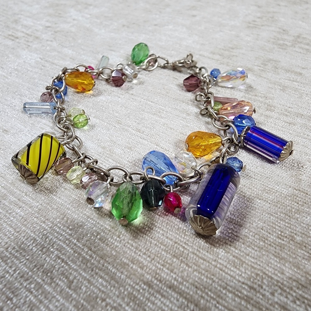 Colorful Glass Beaded Charm Bracelet Boho Fun Fairycore Trinket Jewelry 8 in